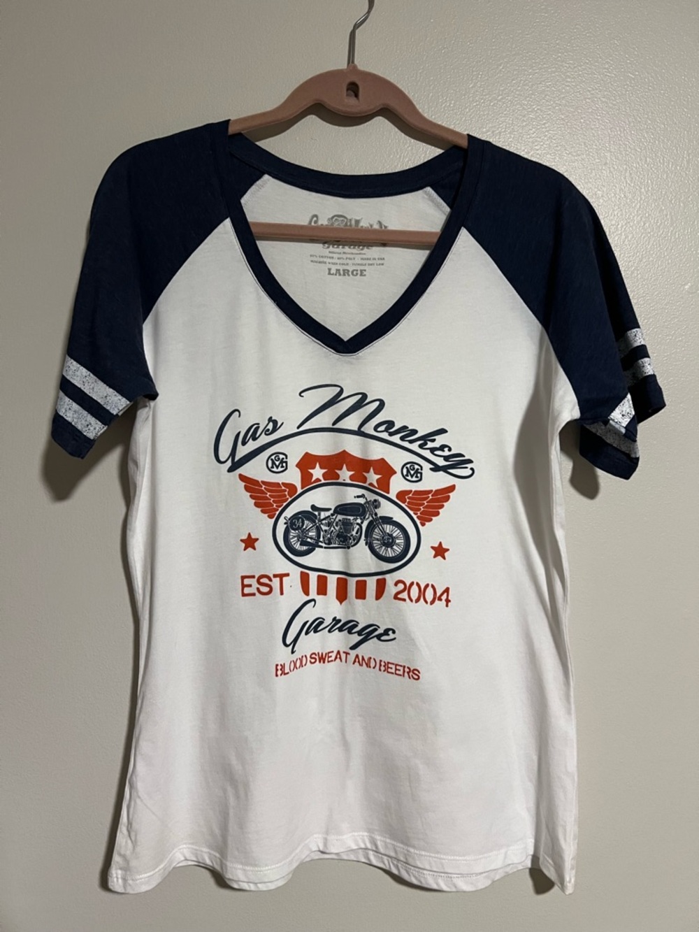 Gas Monkey garage, women’s V-Neck Tee - White & Navy with Motorcycle Graphic